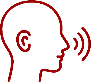 Red outline of a human head in profile facing right, with three curved lines near the mouth, indicating speaking or sound coming from the mouth.