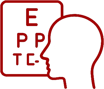 A red outline of a persons head in profile facing an eye chart displaying large letters E, P, P, T, and C on a white background.