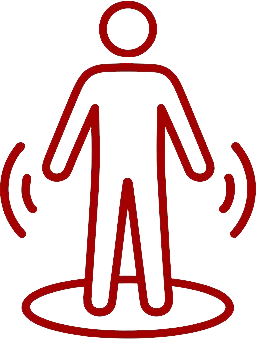 A simple red outline of a person standing inside a circle with curved lines on each side, suggesting movement or waves of energy around the figure.