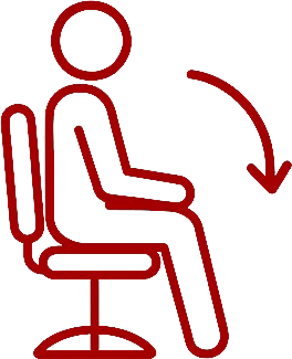 A simple red line drawing of a person sitting on an office chair with a downward-curving arrow indicating leaning back or reclining.