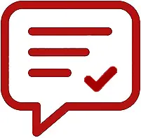 A red speech bubble icon with three horizontal lines representing text and a check mark in the lower right corner, symbolizing a verified or approved message.
