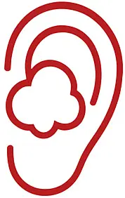A simple red outline of a human ear with a cloud shape inside, suggesting the concept of sound, hearing, or possibly hearing protection or issues.