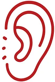 A simple red line drawing of a human ear, with three short lines on the left indicating sound or listening. The background is white.