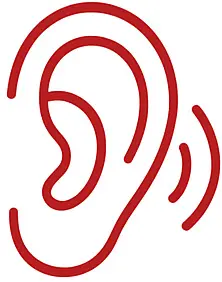 A simple red line drawing of a human ear with two curved lines next to it, indicating the concept of listening or hearing.