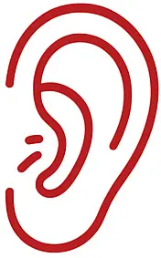 A simple red line drawing of a human ear viewed from the side, with distinct curves outlining the outer ear and inner details.